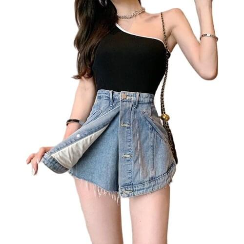 2021 New High Waist Breasted Fake Two-piece Shorts Skirt Summer Denim Shorts Women Sexy Slim Pole Dance Shorts Feminino
