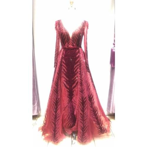Wine Red Evening Dresses Long Sleeves Luxury Design Beaded Formal Dress