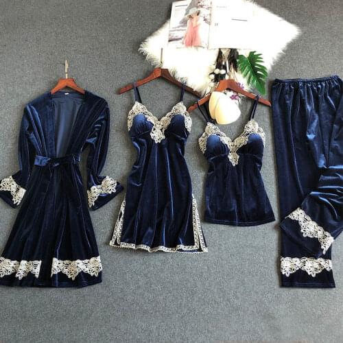 Female Pajamas Sexy Robe Gold Velvet Women Pajama Set Warm Winter Sleepwear 4 Pieces Home Service Suit Long Pants And Robe Suit