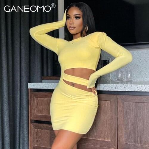 Women Elegant Cut Out Bodycon Mini Dresses Autumn Casual Long Sleeve Sexy Yellow Party Club Wrap Dress 2021 Fall Wholesale Items