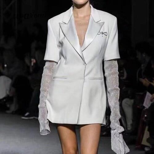 2020 Fashion New Women White Blazer Runway Clothing Slim Lapel Shiny Diamond Long Sleeve Suit Party Club Party Blazer Vestidos