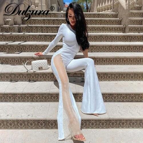Dulzura 2021 Autumn Winter Women Long Sleeve One Shoulder Flare Jumpsuit Fash Net Patchwork Streetwear Party Elegant Rompers