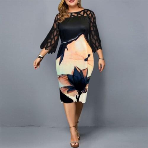 Womens Plus Size Dresses 2021 Hot Style Flower Butterfly Printing Lace Hollow Out Stitching Three-quarter Sleeves Summer Dress
