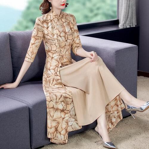 New Arrival Cheongsam Dress 2021 Retro Ladies Chinese Style Long Temperament Chic Print Split Spliced Woman Qipao Robes zh1225