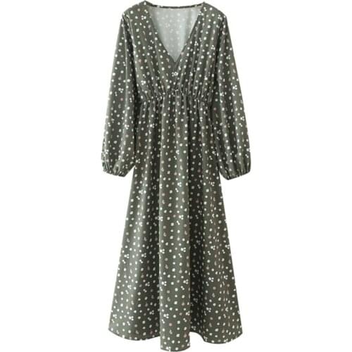 YENKYE Summer Women Vintage Floral Print Long Dress Female V Neck Long Sleeve A-Line Casual Dress Vestido