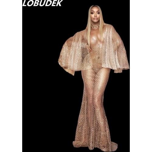 White Mesh Shining Sequins Long Dress Bat Sleeve Sexy Stylish See-through Dress Evening Performance Model Catwalk Singer Dresses