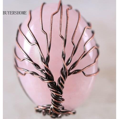 Free Shipping Copper Wrapped Tree of Life Oval Bead Natural Stone Pink Crystal Finger Ring 1Pcs Adjustalbe 7-9 Z007