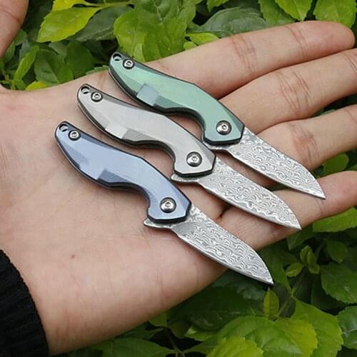 Free shipping New style mini folding knife Damascus steel outdoor tools Exquisite Titanium handle knife