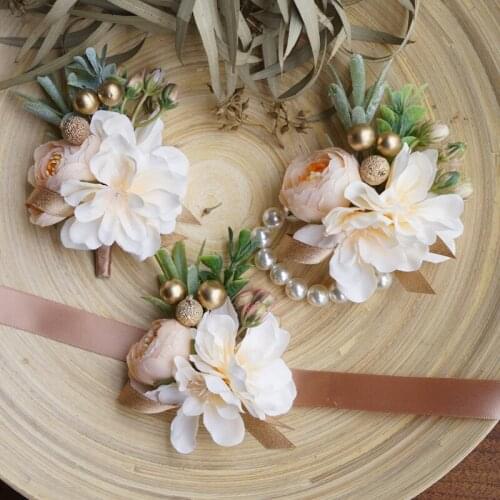 Champagne Wrist Corsage Bridesmaid Groom Sisters Bracelets Ribbon Hand Flowers Artificial Wedding Boutonnieres Prom Accessories