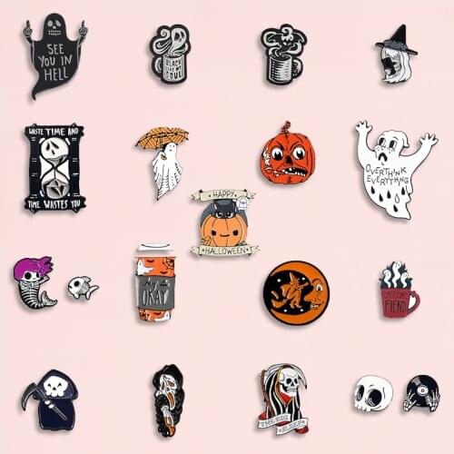 Happy Halloween Enamel Pin Trick or Treat Ghost Pumpkin Brooch Denim Jeans bags Punk Jewelry Gift for Friends Men Women kids