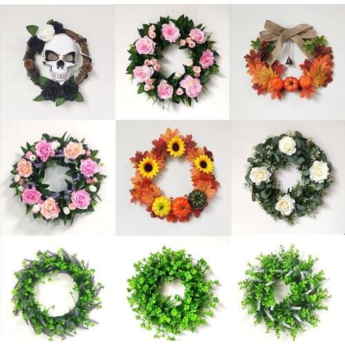 Artificial Pumpkin Garland Pink Rose Flower Wreath Lavender And Four Leaf Clover Garland For Door Ornament Wall Hanging