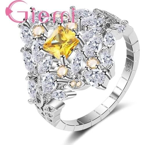 Classic Geometric Crystal Rock Ring for Bride 925 Sterling Silver andCZ Wedding Ceremony Vows Accessories