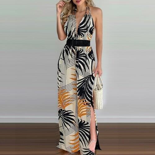 Sexy Naked Back Jumpsuit for Women 2021 New Printed Halter Neck Lace Stretch Waist Split Wide Leg Trousers Jump Suits for Women