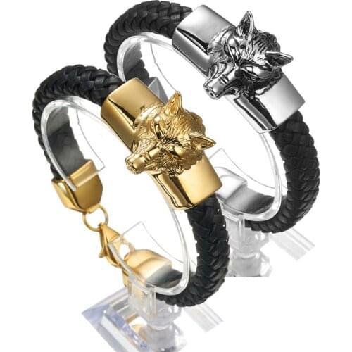 New Arrival Men Stainless Steel Leather Bracelets Men Jewelry Male Wolf Head Charms Bracelets Bangles Wristband pulseira