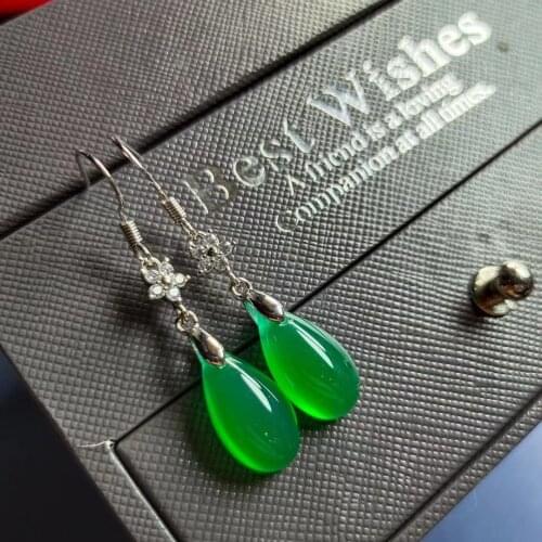 Natural ice green chalcedony inlaid earrings