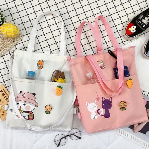 Foldable Cartoon Canvas Bag Female Crossbody Shoulder Bags Large Capacity Handbag Backpack School Bags Purses Handbags Pocket