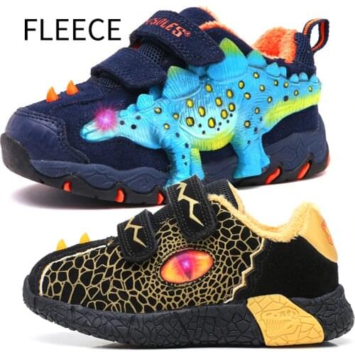 Warm Fleece Winter Baby Boys Shoes Light Up Kids Sneakers LED Sport Toddler Children Trainers Dinosaur Teenagers Tennis Footwear