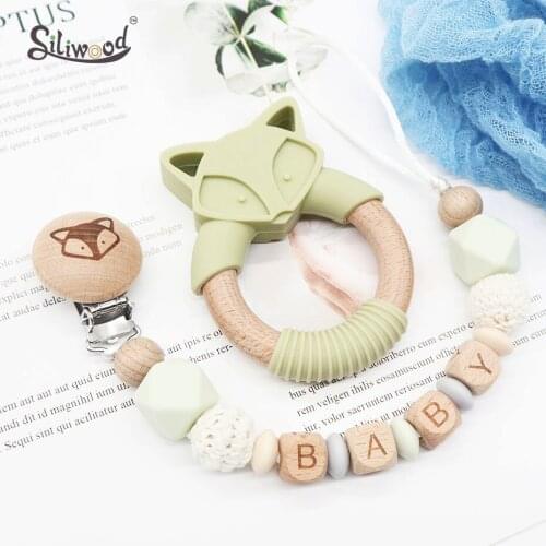 Personalized Name Pacifier Clips Beech Wood Funny Fox Dummy Holder Chain For Infant Feeding Toddler Chew Teether Clips BPA Free