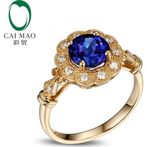 Caimao 1.25ct Violet Blue AAA Tanzanite Diamond 14k Yellow Gold Engagement Vintage Ring