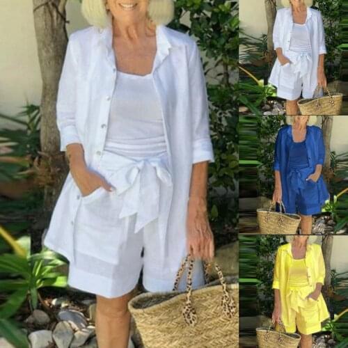 Summer Lady 1 Set Attractive Solid Color Lapel Pockets Shirt Shorts Shirt Shirt Camisole Shorts Set Solid Color for Party