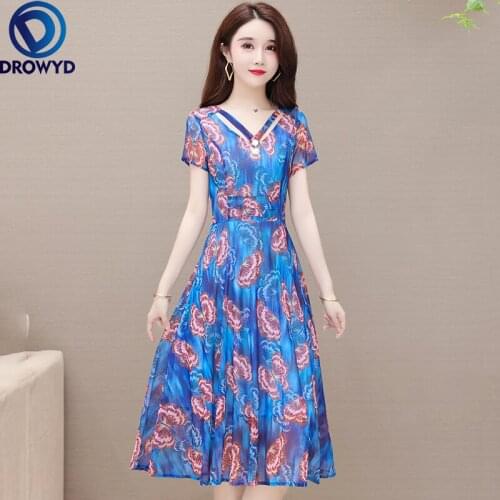 Women 2021 Summer Fashion V-neck Chiffon Dresses Female New Blue Floral Thin Dresses Ladies Printed Thin A-line Party Vestidos