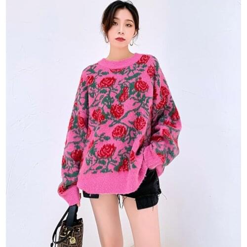 Women Oversize Sweater Loose Long Fashion Sweater 2020 Winter Thick Pullover Korean O Neck Rose Jacquard Large Size Warm Jumpers