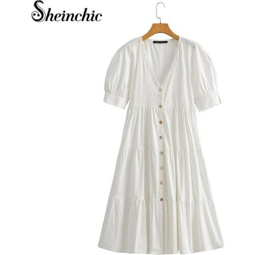 Casual White Shirt Dresses for Women 2021 Summer Elegant Vintage V-neck Short Sleeve Midi Vestido De Mujer