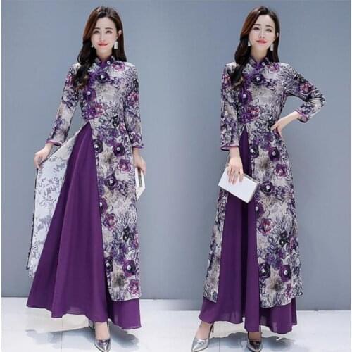 National Style Retro Printing Stitching Chiffon Hem Fake Two-piece Slim Cheongsam Dress Chinese Improved Elegant Dress