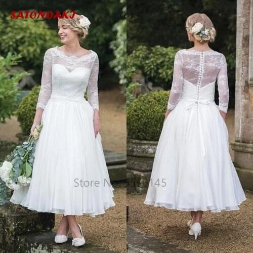 2020 Boho Lace Wedding Dress Ankle Length 3/4 Sleeves A-Line Country Bridal Gowns Buttons Back Vestidos Novia Robe De Mariage