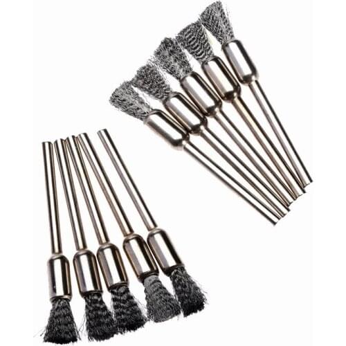 10Pcs Steel Wire Brushes 6mm Pen Shape Wheel Brush Set for Removing Rust Cleaning Polishing Buffing Metal Rotary Tools