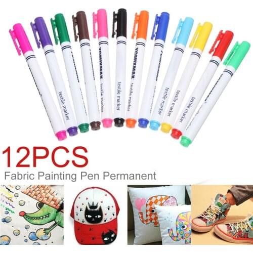 12pc/set Colorful Fabric Painting Marker Permanent Fabric Pens For T-shirt Clothes DIY Design School Children Painting Tool