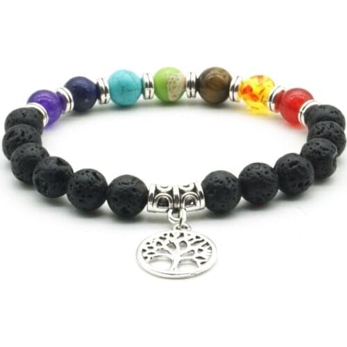 8mm Lava Stone Tree of Life Charms Seven Chakra Beads Reiki Buddha Prayer Essential Oil Diffuser Bracelet Bangle Jewelry