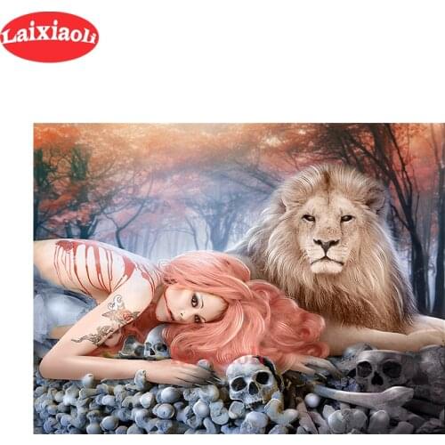 Diy rhinestone painting diamond embroidery Woman and lion crossstitch 5D diamond painting full diamond Mosaic Home decorative