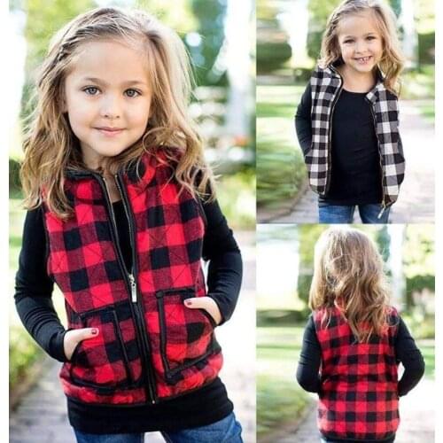 Toddler Kids Baby Girl Sleeveless Plaid Zipper Jacket Waistcoat Coat Outwear Autumn Winter Coat 1-6Y