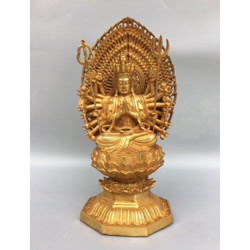 11"Chinese temple collection Old Bronze Gilt Quasi tifomu Buddha Thousand Hands Guanyin Bodhisattva Ornaments Town House