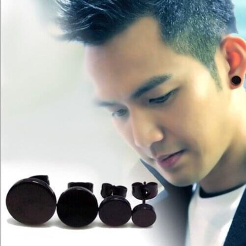 Korea Black Round Ear Stud Pin Earrings Man 316L Stainless Steel Punk Fashion Jewelry 8mm