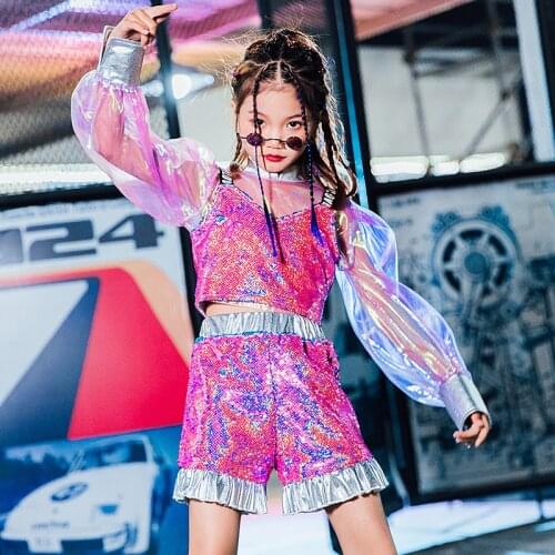 Girls Jazz Dance Costumes Pink Sequin Tops Shorts Modern Street Dance Clothes Kids Hip Hop Suit New YearS Day Clothes DQL4928