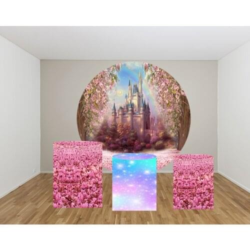 Round circle background baby shower Princess castle pink flowers girl birthday banner elastic 3 cylinder plinths cover YY-284