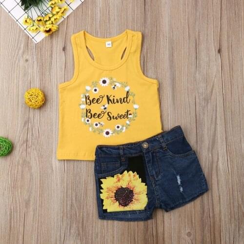 Summer Lovely Kids Baby Girls Clothes Sunflowers Sets Sleeveless Tank Tops +Hole Denim Shorts Girl 2Pcs 1-6Years
