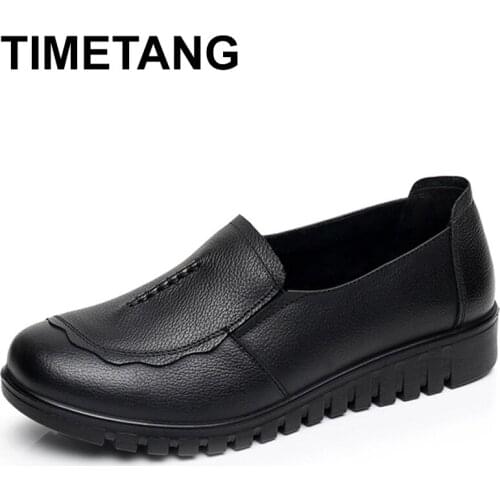 TIMETANG 2019 Women Female Old Mother Flats Shoes Loafers Slip On Round Toe Black Cow Genuine Leather Casual Non Slip 35-41 E499