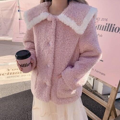 Hstar Fashion Women 2021 Autumn Winter Plush Coat Female Warm Cute Faux Lamb Fur Jacket Long Sleeve Solid Kawaii Overcoat