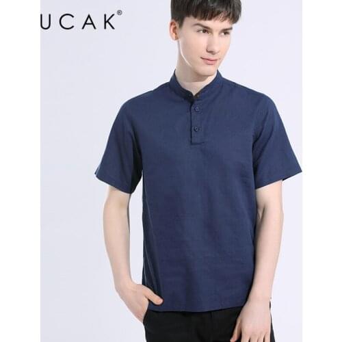 UCAK Brand Classic Mandarin Collar Short Sleeve Cotton T Shirt Summer New Arrival Streetwear Solid Color TShirt Men Homme U5647