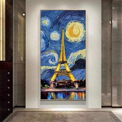 Starry Night of Paris Tower Canvas Art Posters And Prints Abstract Landscape Canvas Paintings on the Wall Art Pictures Cuadros