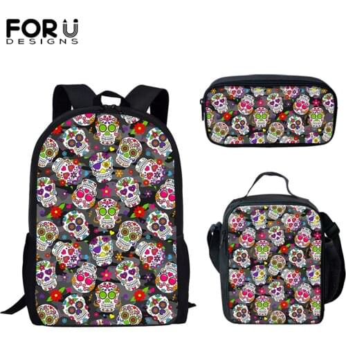 FORUDESIGNS New Trend Sugar Skull Print Teenager Backpack Soft Backpack Large Capacity School 3pcs Set Casual Rucksack Mochilas