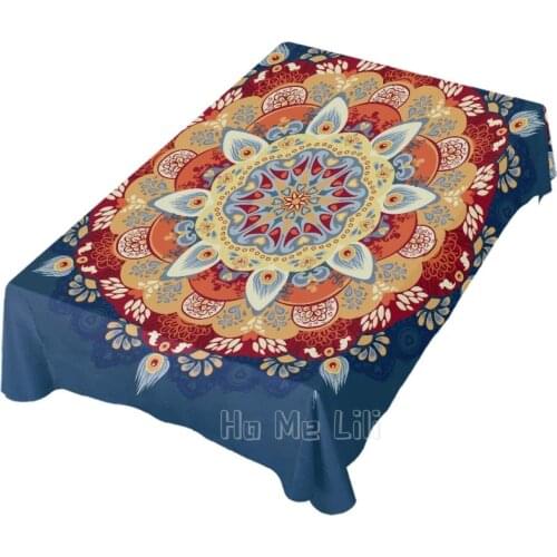 Orange And Blue Mandala On Boho Table Cloth Picnic Table Cover Holiday for Kitchen Outdoor Camping Desk Cover