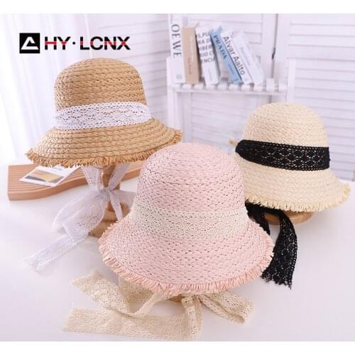 New Summer Fashion Parent-child Straw Woven Sun Bucket Hat Children Outdoor Leisure Travel Lace-up Breathable Fisherman Hat
