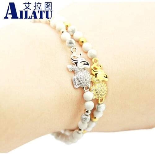 Ailatu 10 Piece CZ Elephant Couple Bracelet 4mm White Howlite Stone and Stainless Steel Beads Micro Inserts Charm Jewelry