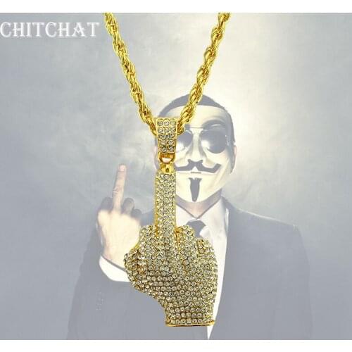 Full Rhinestone Iced Out Big Middle Finger Pendants Necklaces Hip Hop Men Women Gold Color Vogue Jewelry For Rocker