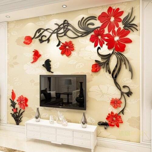 Romantic Flower Vine Wall Stickers For TV Sofa Background Home Wall Decorations Stickers Murals Living Room Art Wall Decals Red