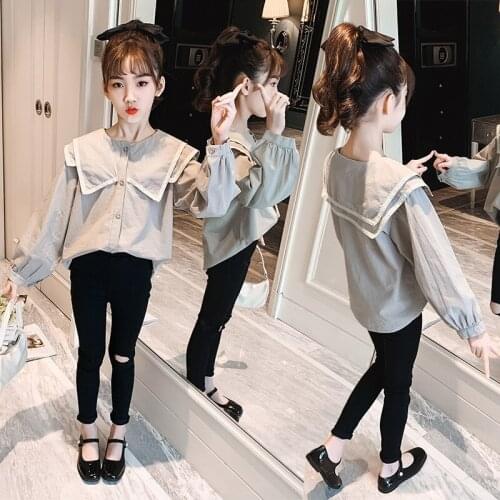 Spring And Autumn Girls 2021 Little Child Bottom Solid Lace Round Neck Shirt Girls Blousese Children Clothes Blusas